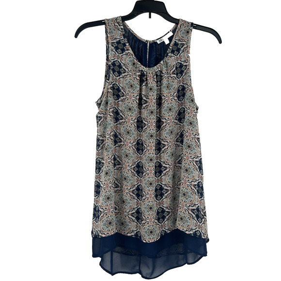 DR2 Daniel Rainn Boho Tank Top Blue Chiffon Layered Mixed Pattern Flowy Size M - Picture 1 of 8